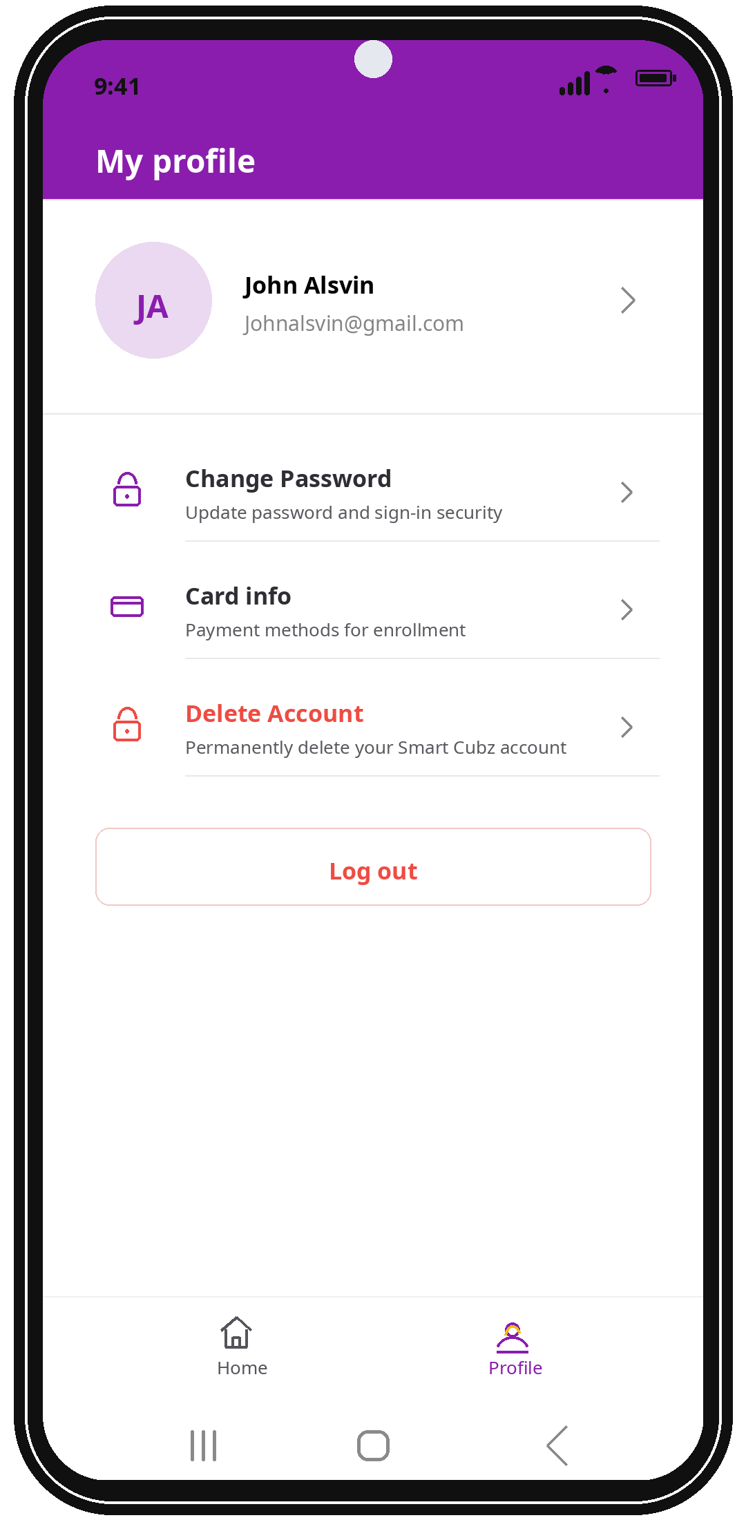SmartCubz parent profile screen