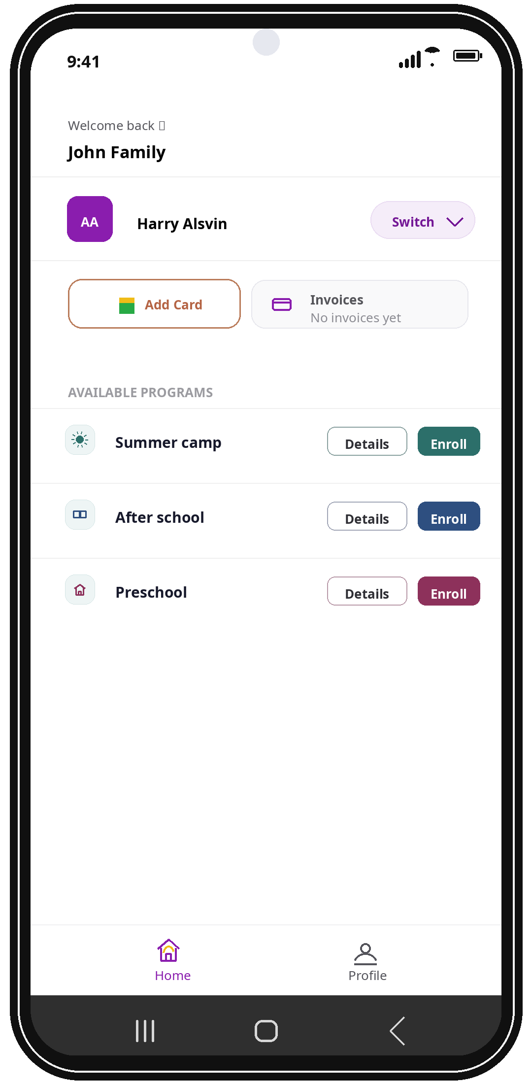 SmartCubz parent app home screen showing available programs