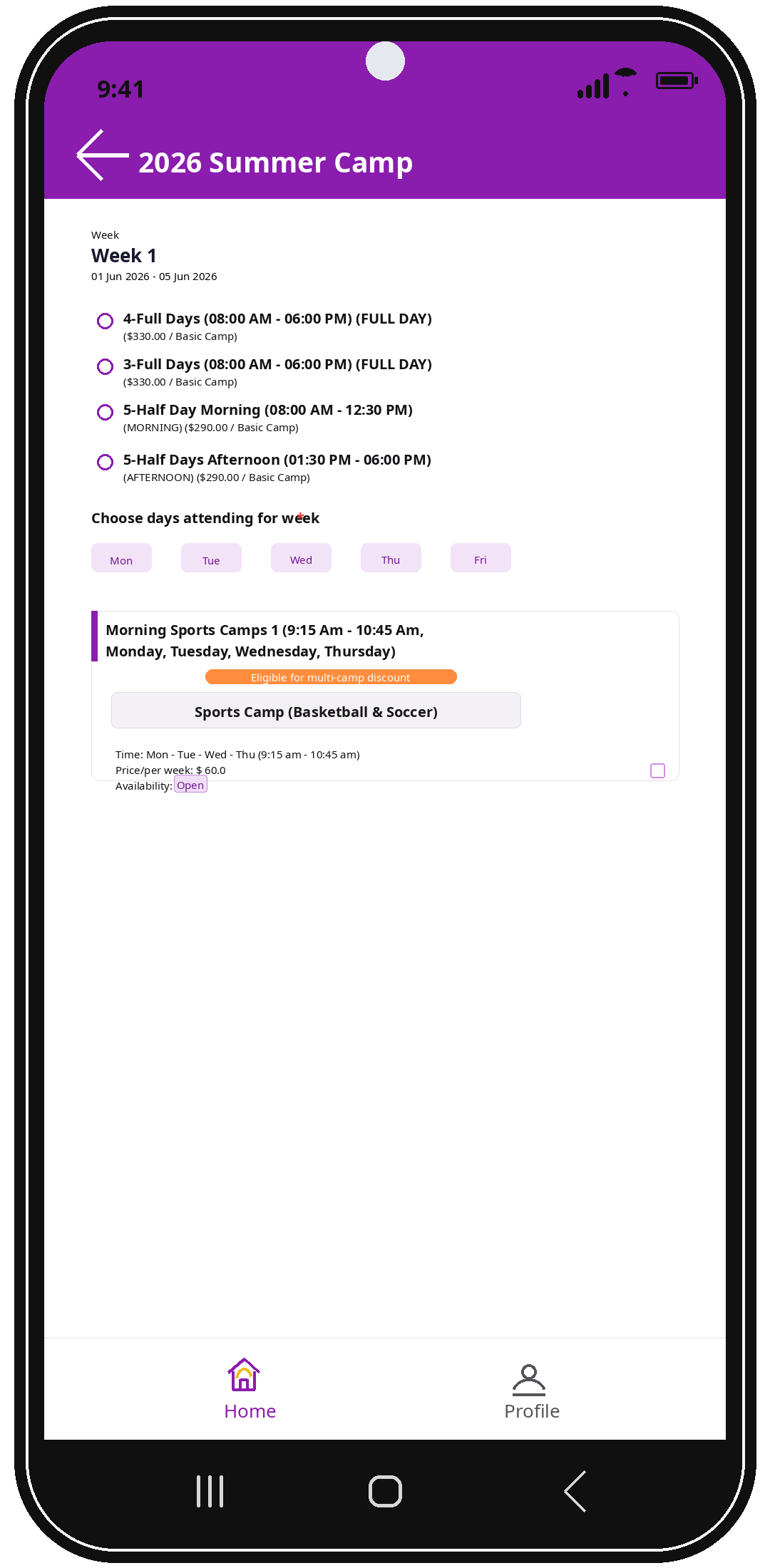 SmartCubz summer camp enrollment screen
